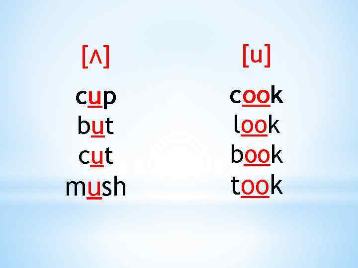 [ʌ] [u] cup but cook look book mush took 