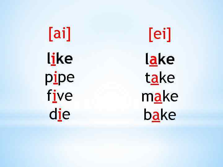 [ai] [ei] like pipe five die lake take make bake 