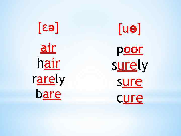 [εə] [uə] air poor hair rarely bare surely sure cure 