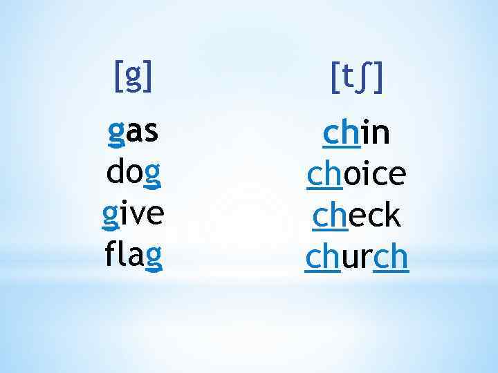 [g] [t∫] gas dog give flag chin choice check church 