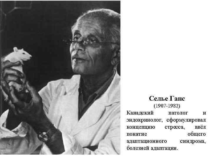Селье Ганс (1907 -1982) Канадский патолог и эндокринолог, сформулировал концепцию стресса, ввёл понятие общего