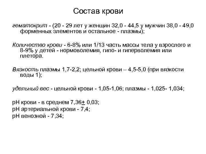 Состав крови гематокрит - (20 - 29 лет у женщин 32, 0 - 44,