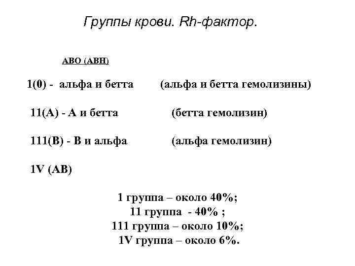 Группы крови. Rh-фактор. АВО (АВН) 1(0) - альфа и бетта (альфа и бетта гемолизины)