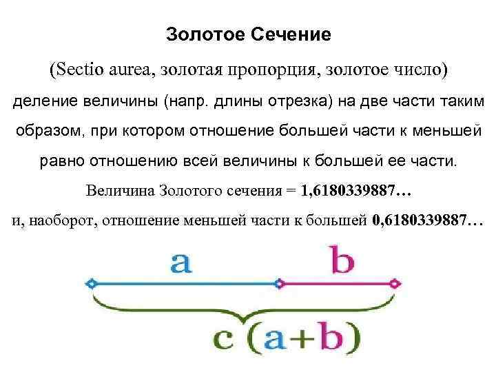 Золотое Сечение (Sectio aurea, золотая пропорция, золотое число) деление величины (напр. длины отрезка) на