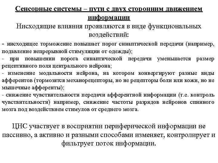 Сенсорные системы – пути с двух сторонним движением информации Нисходящие влияния проявляются в виде