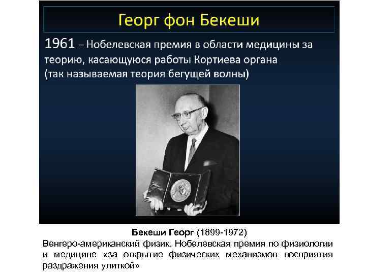 Бекеши Георг (1899 -1972) Венгеро-американский физик. Нобелевская премия по физиологии и медицине «за открытие