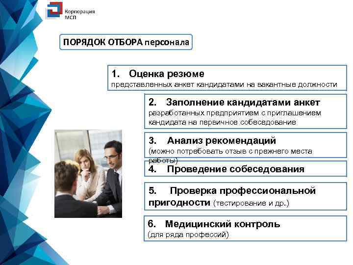 ПОРЯДОК ОТБОРА персонала 1. Оценка резюме представленных анкет кандидатами на вакантные должности 2. Заполнение