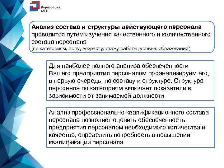 Анализ состава и структуры действующего персонала проводится путем изучения качественного и количественного состава персонала