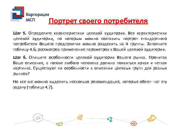 Портрет своего потребителя Шаг 5. Определите характеристики целевой аудитории. Все характеристики целевой аудитории, по