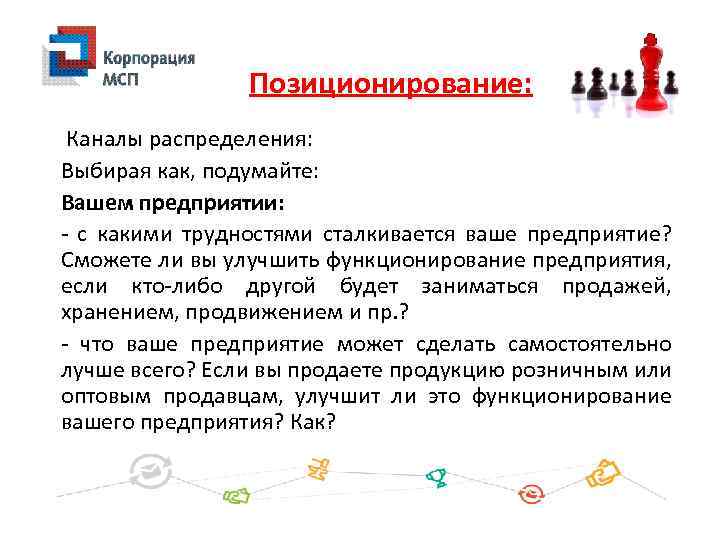 Позиционирование: Каналы распределения: Выбирая как, подумайте: Вашем предприятии: - с какими трудностями сталкивается ваше