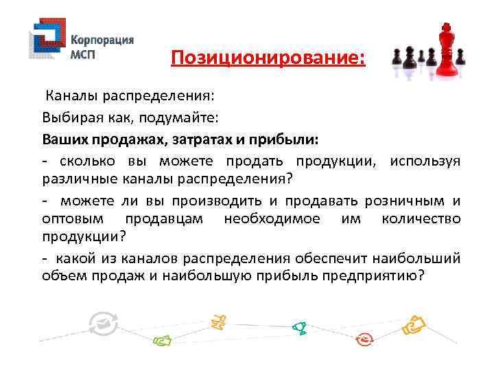Позиционирование: Каналы распределения: Выбирая как, подумайте: Ваших продажах, затратах и прибыли: - сколько вы