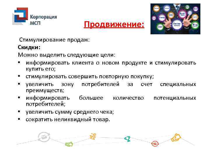 Продвижение: Стимулирование продаж: Скидки: Можно выделить следующие цели: • информировать клиента о новом продукте