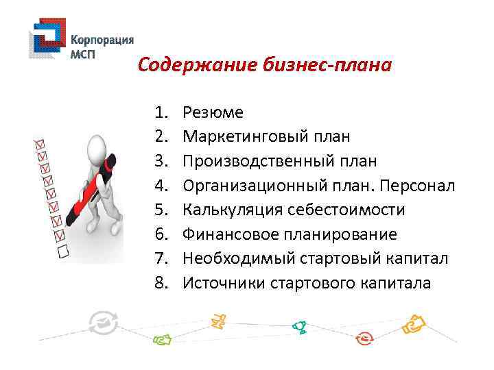 Содержание бизнес-плана 1. 2. 3. 4. 5. 6. 7. 8. Резюме Маркетинговый план Производственный