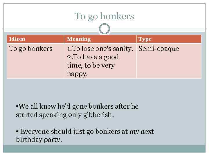 To go bonkers Idiom Meaning Type To go bonkers 1. To lose one's sanity.