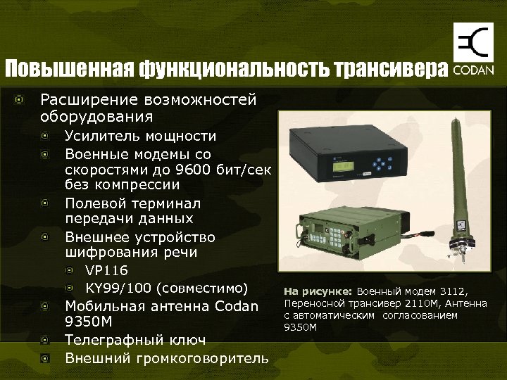 Повышенная функциональность трансивера Расширение возможностей оборудования Усилитель мощности Военные модемы со скоростями до 9600