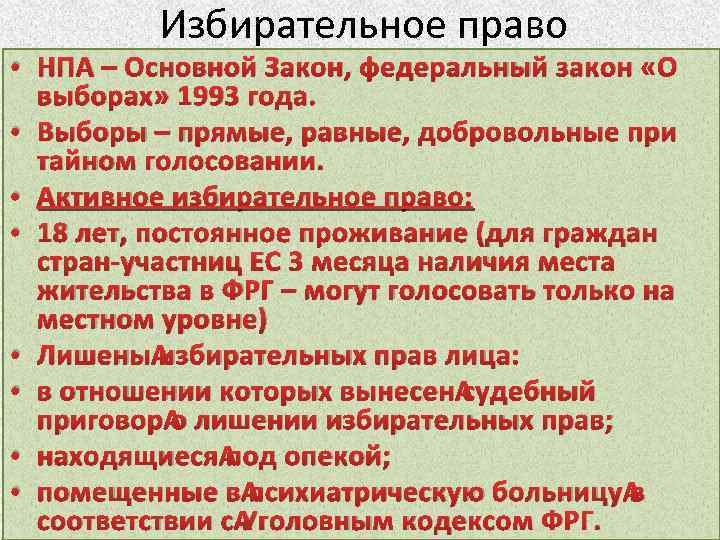 Избирательное право • НПА – Основной Закон, федеральный закон «О выборах» 1993 года. •