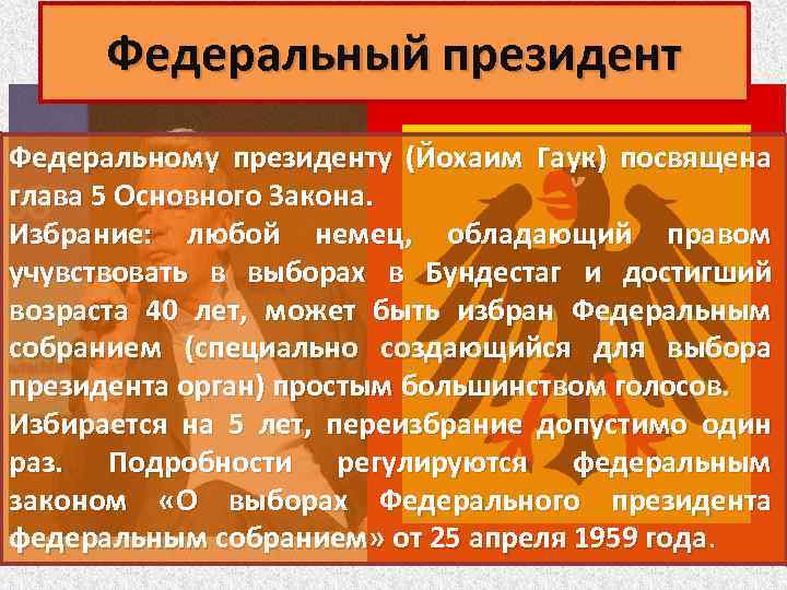 Федеральный президент Федеральному президенту (Йохаим Гаук) посвящена глава 5 Основного Закона. Избрание: любой немец,