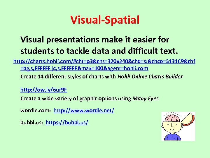 Visual-Spatial Visual presentations make it easier for students to tackle data and difficult text.