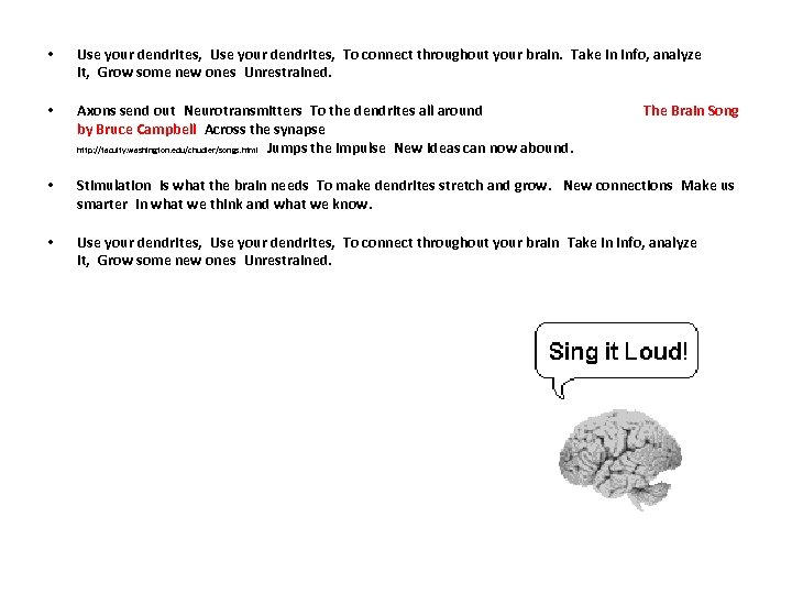  • Use your dendrites,  To connect throughout your brain.  Take in info, analyze