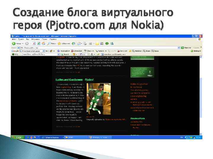 Создание блога виртуального героя (Pjotro. com для Nokia) 