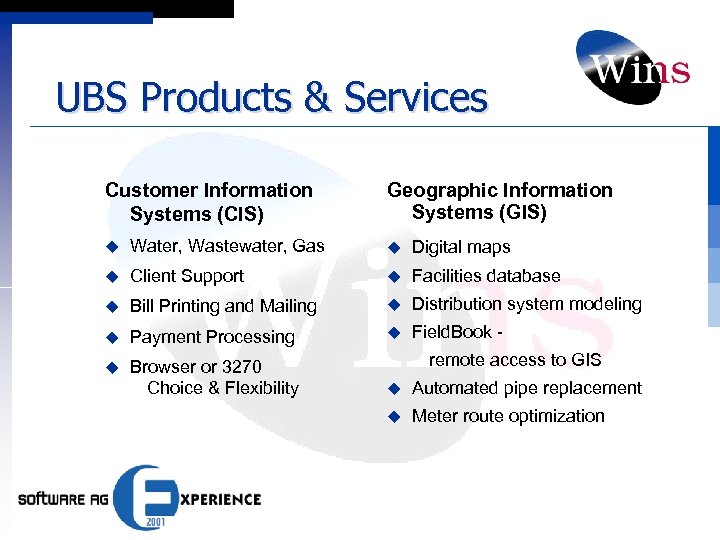 UBS Products & Services Customer Information Systems (CIS) Geographic Information Systems (GIS) u Water,