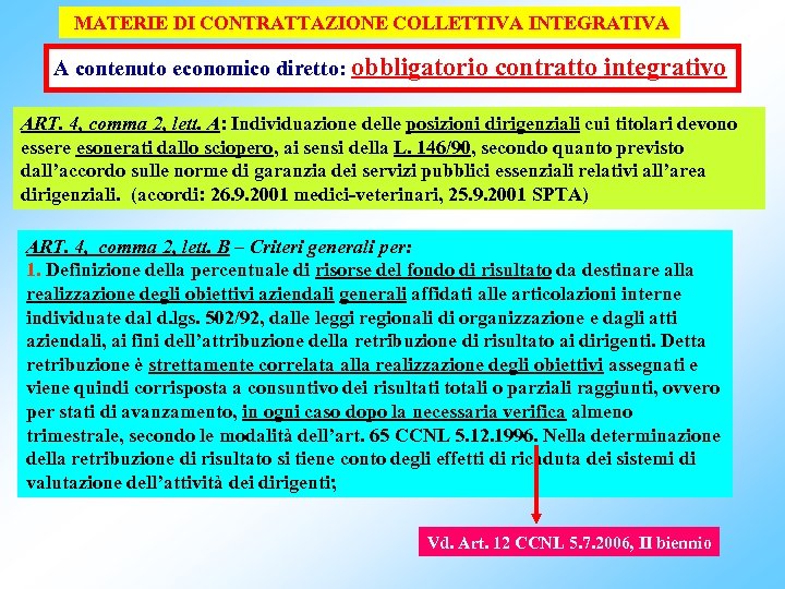 MATERIE DI CONTRATTAZIONE COLLETTIVA INTEGRATIVA A contenuto economico diretto: obbligatorio contratto integrativo ART. 4,