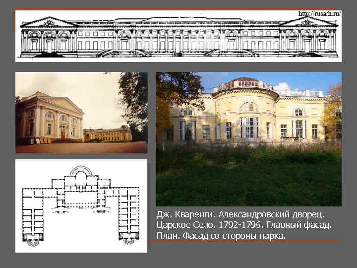 Дж. Кваренги. Александровский дворец. Царское Село. 1792 -1796. Главный фасад. План. Фасад со стороны