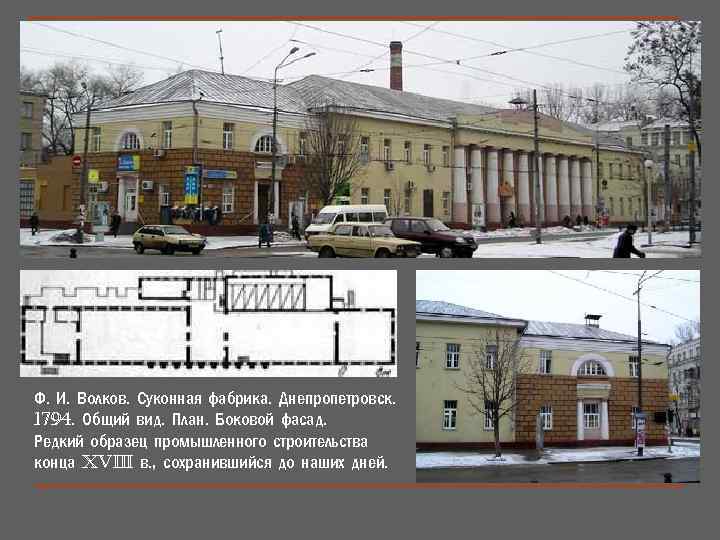 Ф. И. Волков. Суконная фабрика. Днепропетровск. 1794. Общий вид. План. Боковой фасад. Редкий образец