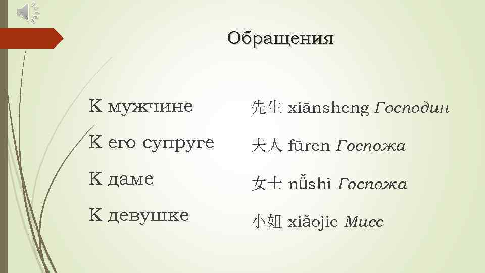 Обращения К мужчине 先生 xiānsheng Господин К его супруге 夫人 fūren Госпожа К даме