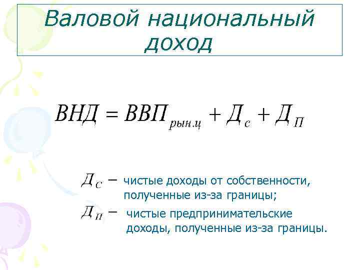 Валовой национальный доход чистые доходы от собственности, полученные из-за границы; чистые предпринимательские доходы, полученные