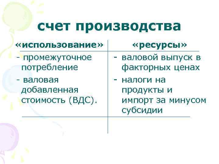 счет производства «использование» - промежуточное потребление - валовая добавленная стоимость (ВДС). «ресурсы» - валовой