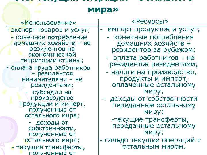 счет текущих операций «Остального мира» «Использование» - экспорт товаров и услуг; - конечное потребление