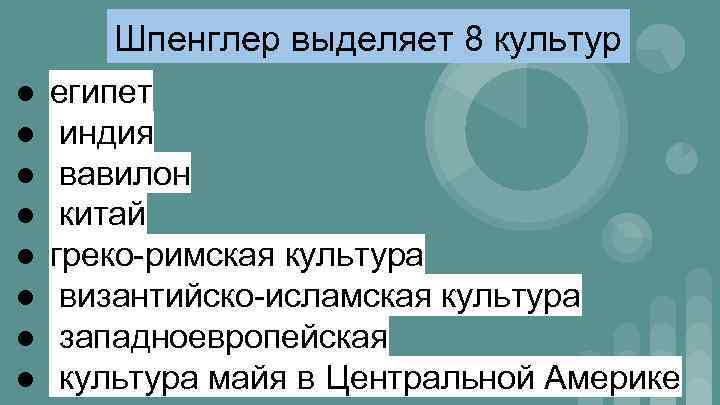 Шпенглер выделяет 8 культур ● ● ● ● египет индия вавилон китай греко римская