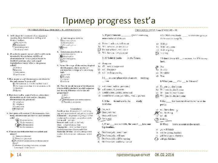 Пример progress test’а 14 презентация-отчет 08. 02. 2018 