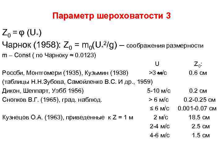 Параметр шероховатости 3 Z 0 = φ (U*) Чарнок (1958): Z 0 = m