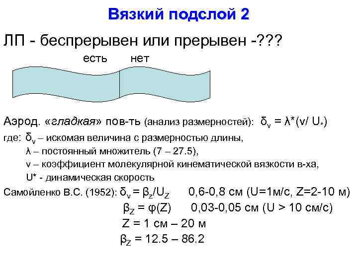 Вязкий подслой 2 ЛП - беспрерывен или прерывен -? ? ? есть нет Аэрод.