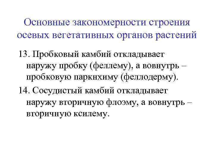 Основные закономерности строения осевых вегетативных органов растений 13. Пробковый камбий откладывает наружу пробку (феллему),