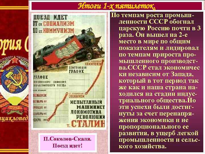 Итоги 1 -х пятилеток. П. Соколов-Скаля. Поезд идет! По темпам роста промышленности СССР обогнал