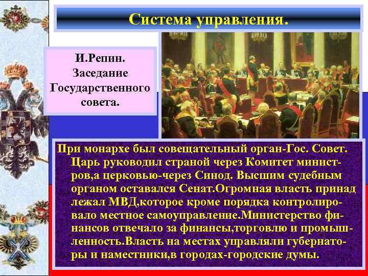 Система управления. И. Репин. Заседание Государственного совета. При монархе был совещательный орган-Гос. Совет. Царь