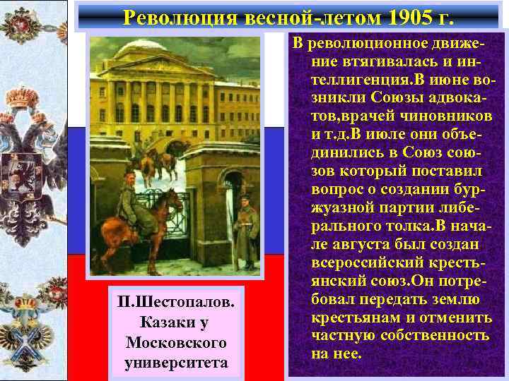 Революция весной-летом 1905 г. П. Шестопалов. Казаки у Московского университета В революционное движение втягивалась