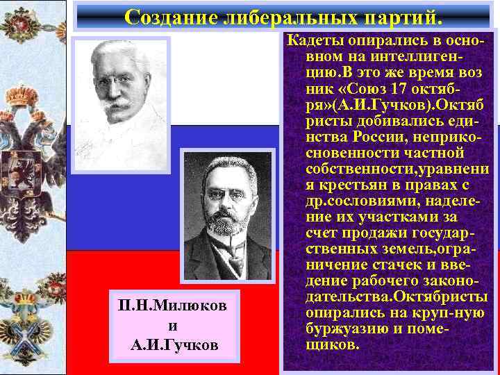 Создание либеральных партий. П. Н. Милюков и А. И. Гучков Кадеты опирались в основном