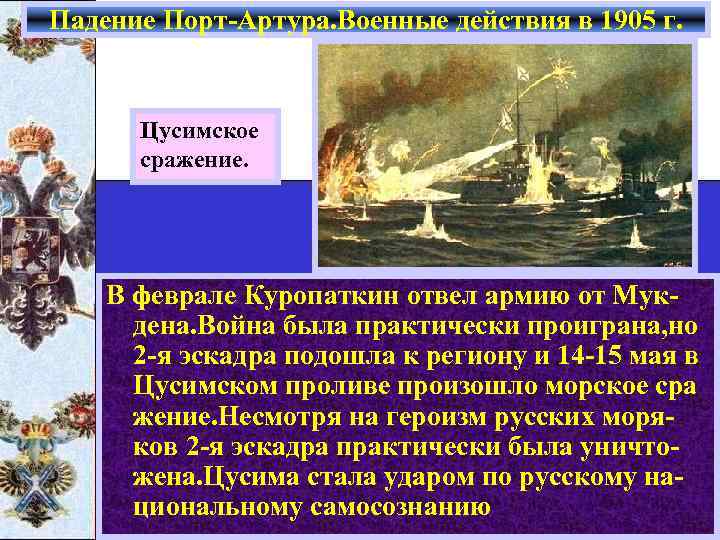 Падение Порт-Артура. Военные действия в 1905 г. Цусимское сражение. В феврале Куропаткин отвел армию