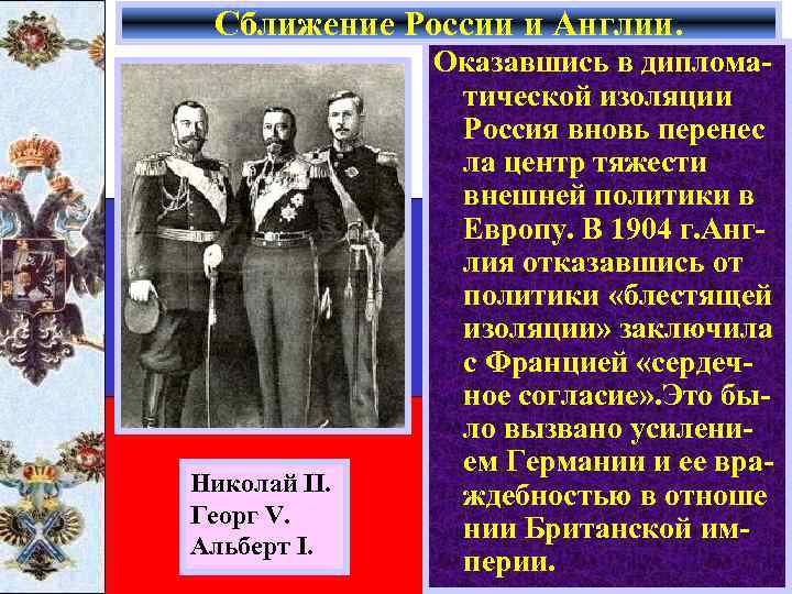 Сближение России и Англии. Николай II. Георг V. Альберт I. Оказавшись в дипломатической изоляции