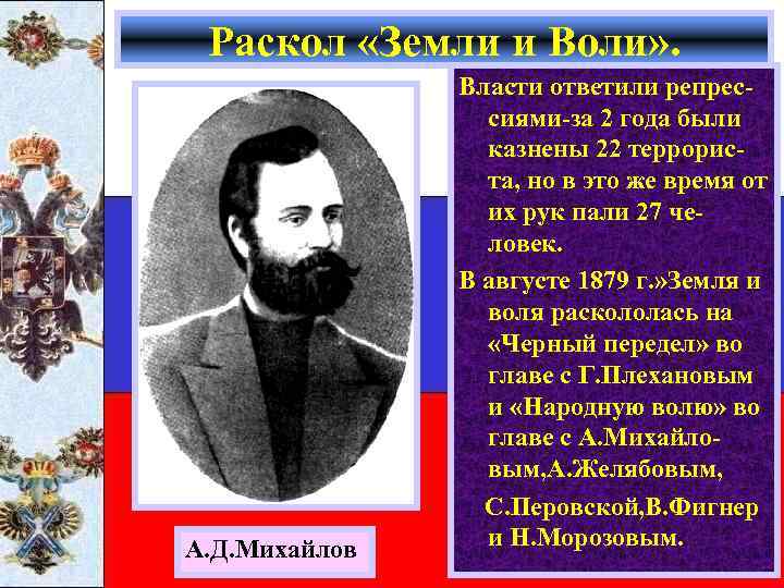 Раскол «Земли и Воли» . А. Д. Михайлов Власти ответили репрессиями-за 2 года были