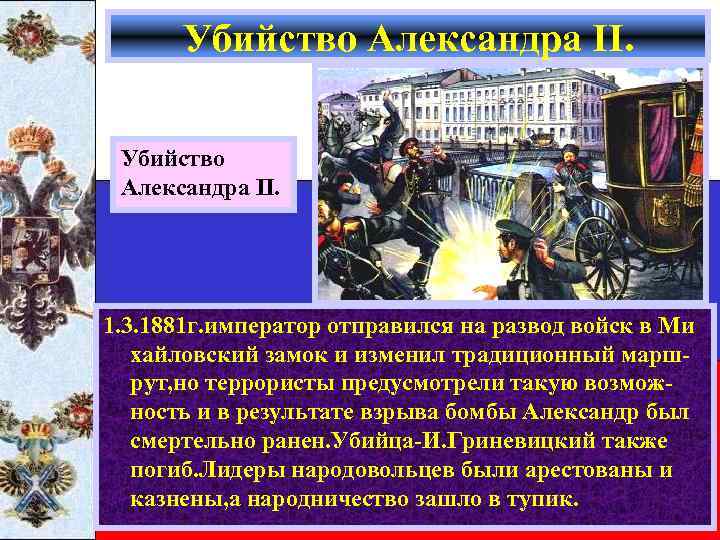 Убийство Александра II. 1. 3. 1881 г. император отправился на развод войск в Ми