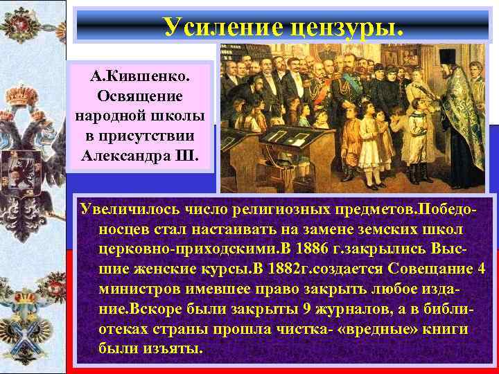 Усиление цензуры. А. Кившенко. Освящение народной школы в присутствии Александра III. Увеличилось число религиозных