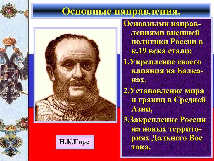 Основные направления. Н. К. Гирс Основными направлениями внешней политики России в к. 19 века