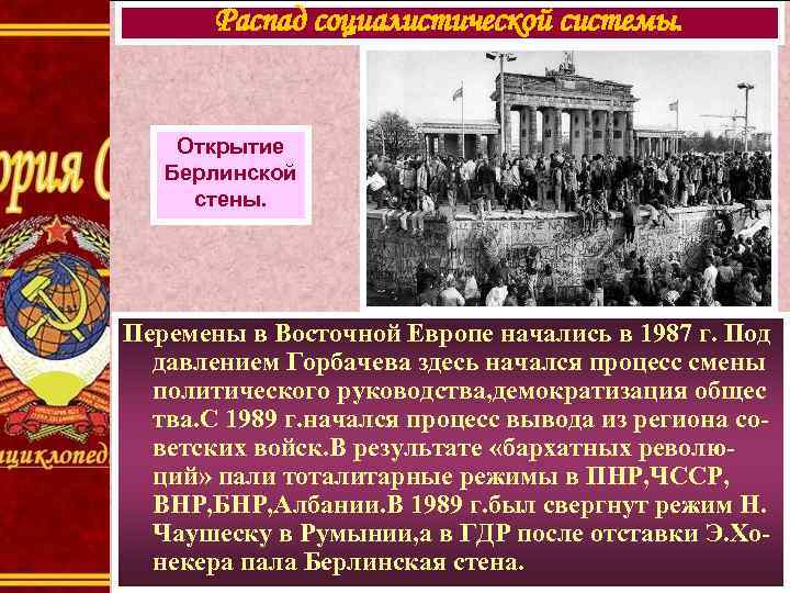 Распад социалистической системы. Открытие Берлинской стены. Перемены в Восточной Европе начались в 1987 г.