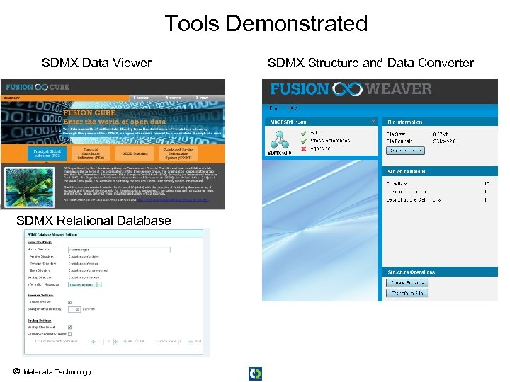 Tools Demonstrated SDMX Data Viewer SDMX Relational Database © Metadata Technology SDMX Structure and