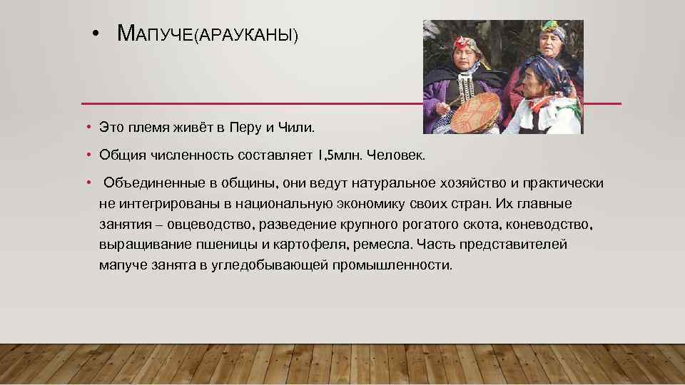  • МАПУЧЕ(АРАУКАНЫ) • Это племя живёт в Перу и Чили. • Общия численность